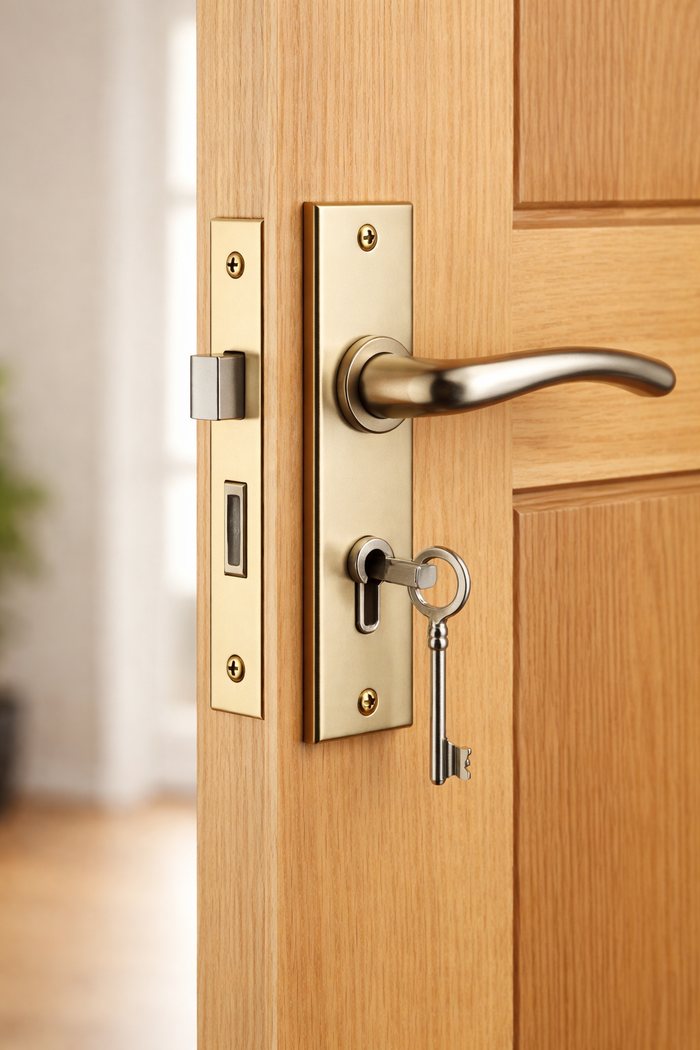 Mortice lock and lever handle on a door