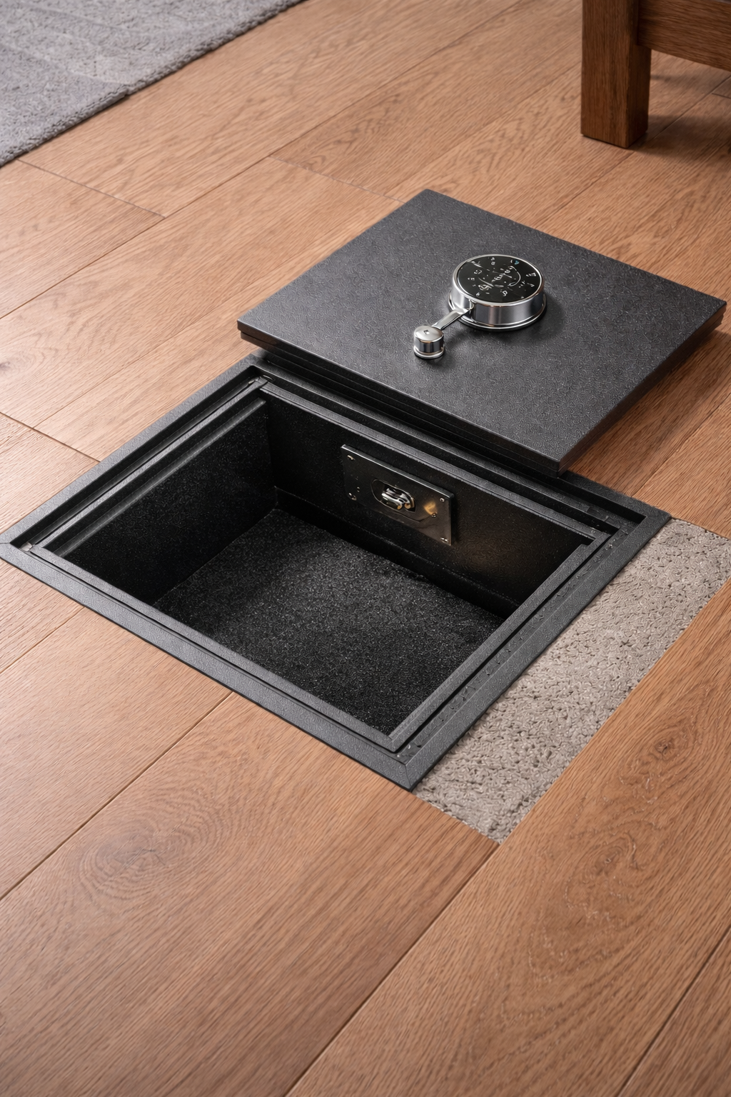 Underfloor safe with combination lock, opened